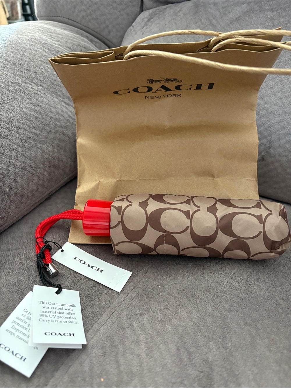 Coach Signature Compact Umbrella in Brown with Red Accents